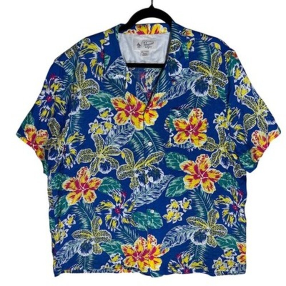 Original Penguin Men's Hawaiian Tropical Floral Camp Collar Shirt Blue 2XL